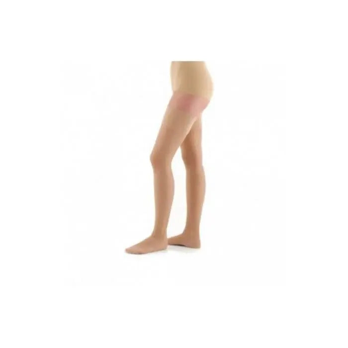 Beige Varisan long stockings by Jag Couture London New York, close-up of sheer, smooth hosiery with a subtle sheen.