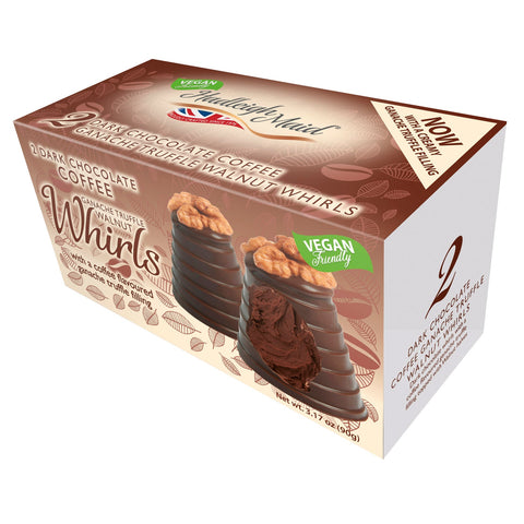 Vegan dark chocolate coffee ganache walnut whirls twin pack by Jag Couture London New York, showing crispy pastry with chocolate and walnuts