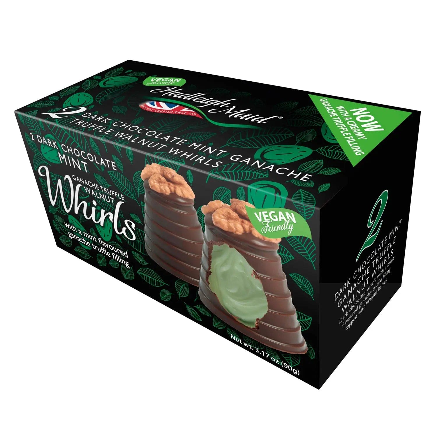 Vegan dark chocolate mint ganache walnut whirls twin pack by Jag Couture London New York, close-up of flaky pastry with mint filling.