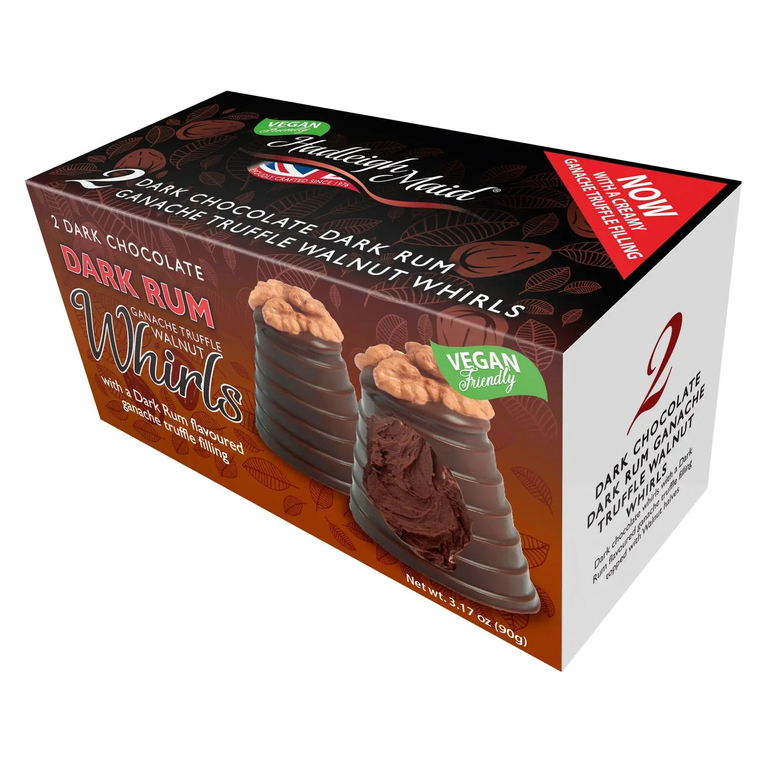 Vegan dark chocolate rum ganache walnut whirls from Jag Couture London New York, twin pack, with rich chocolate and walnut filling.