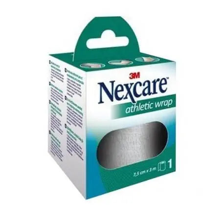 White cohesive elastic bandage, 3m x 7.5cm, by Nexcare, shown wrapped around a medical application.