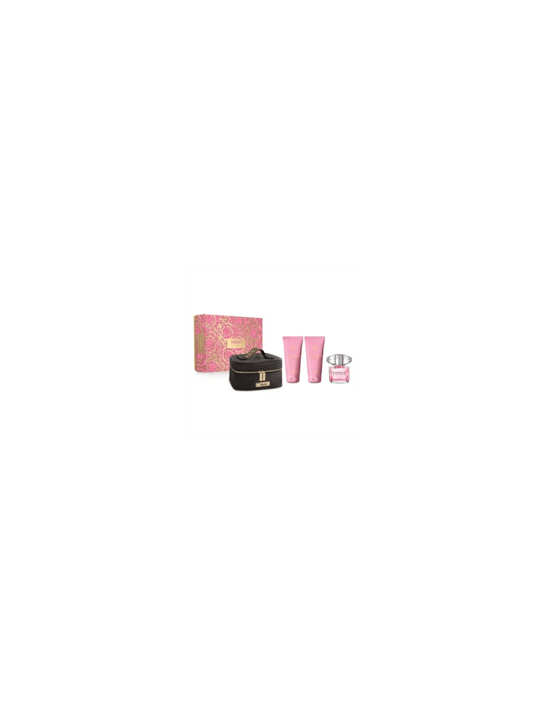 Versace Bright Crystal Eau De Toilette Spray 90ml set with four pieces, featuring elegant perfume bottles and packaging.