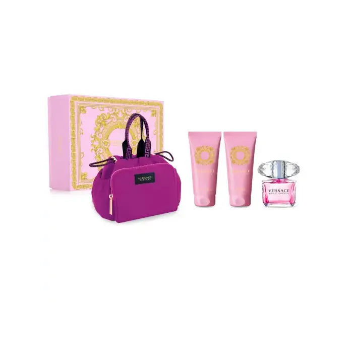 Set of four Versace Bright Crystal Eau de Toilette sprays, 90ml each, featuring elegant bottles with pink and floral design.