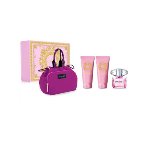 Versace Bright Crystal Eau de Toilette spray 90ml set of four bottles, featuring elegant perfume bottles with pink and clear accents.