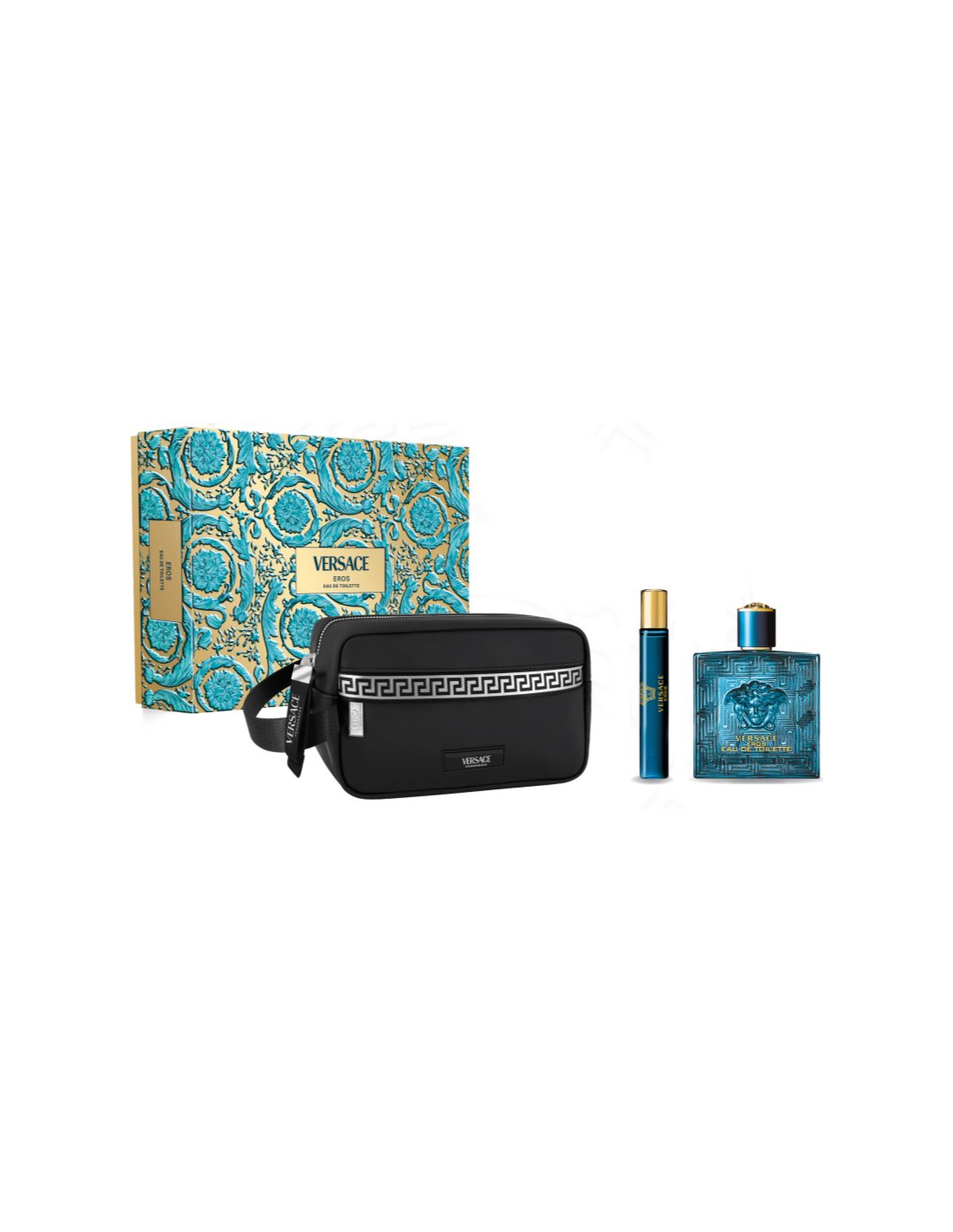 Versace Eros Eau de Toilette spray 100ml in a Christmas set with three pieces, displayed with packaging and bottles.