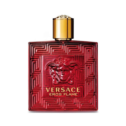 Versace Eros Flame perfume spray 200ml with sleek bottle design, featuring bold red accents and elegant branding.