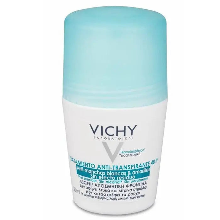 Vichy 48h anti-perspirant roll-on deodorant in 50ml bottle, featuring a sleek design, from Jag Couture London New York.