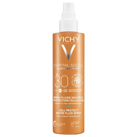 Vichy Capital Soleil Invisible Fluid Spray SPF30 in 200ml bottle, lightweight sun protection spray by Jag Couture London New York.