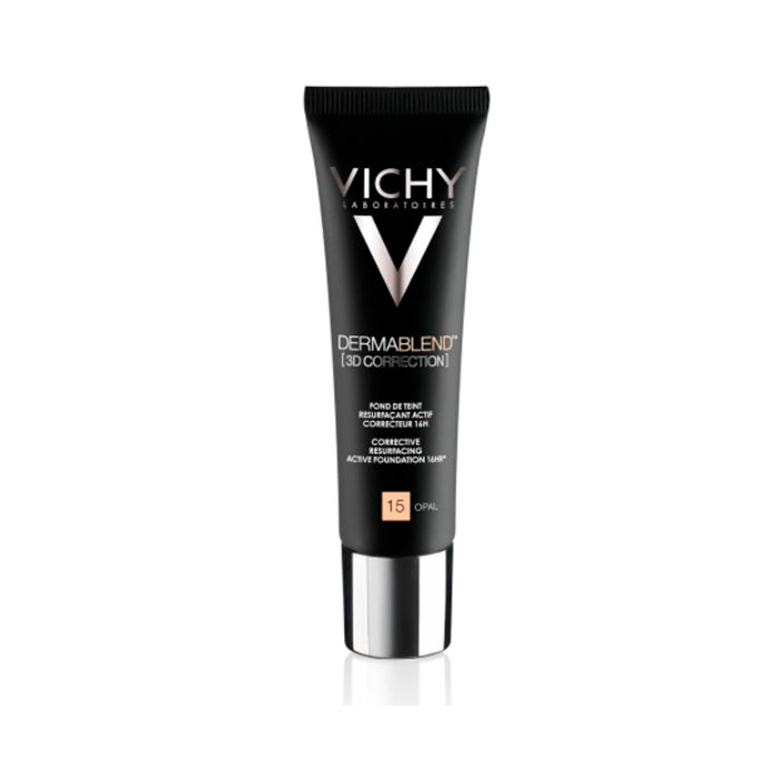 Vichy Dermablend 3D Correction cosmetic product displayed in a sleek container, highlighting its skincare and makeup benefits.