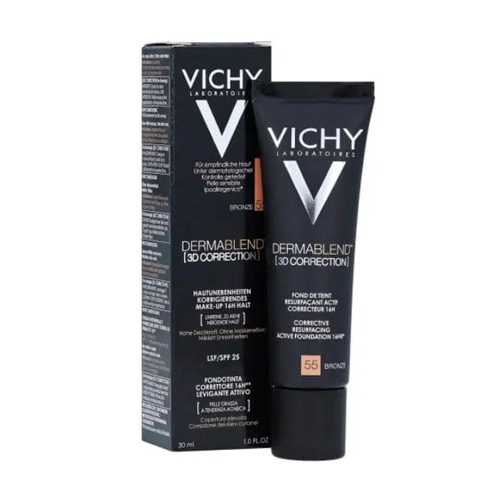 Vichy Dermablend Correction 55 3D foundation by Jag Couture London - New York, in 30L bottle with sleek packaging.