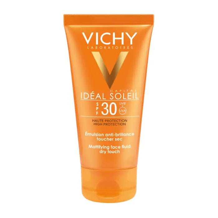 Vichy Ideal Soleil Mattifying Face Fluid with SPF 30, dry touch texture, 50ml bottle, displayed with product label.