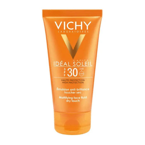 Vichy Ideal Soleil Mattifying Face Fluid with SPF 30, dry touch texture, 50ml bottle, displayed with product label.