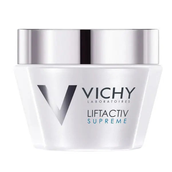 Vichy Liftactiv Supreme Day Cream for combination skin in 50ml jar, shown with smooth, creamy texture on a clean surface.