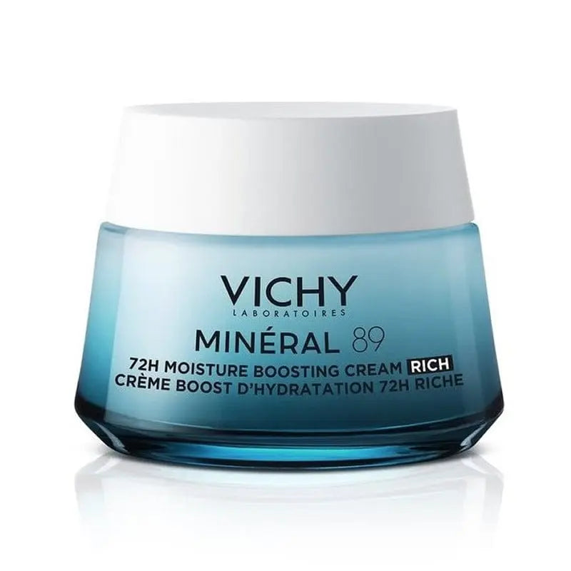 Vichy Mineral 89 72H enriched moisturizing cream in 50ml jar, designed for hydration and skin strengthening