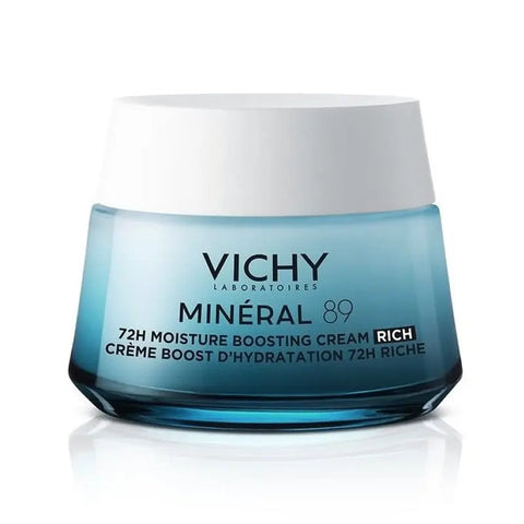 Vichy Mineral 89 72H enriched moisturizing cream in 50ml jar, designed for hydration and skin strengthening