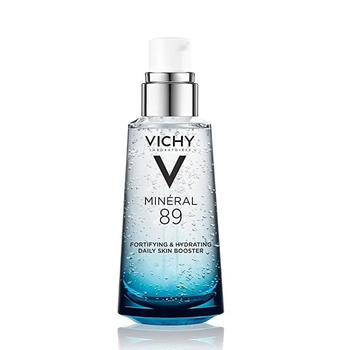 Vichy Mineral 89 hyaluronic acid face moisturizer in 50ml jar, with clear label and smooth gel texture, on a neutral background.