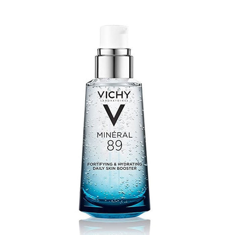 Vichy Mineral 89 hyaluronic acid face moisturizer in 50ml jar, featuring clear gel texture and minimalist packaging.