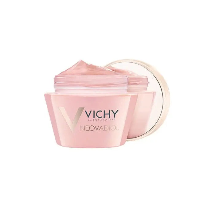 Vichy Neovadiol Rose Platinium Cream 50ml jar with pink and silver packaging, skincare product for mature skin by Jag Couture London.
