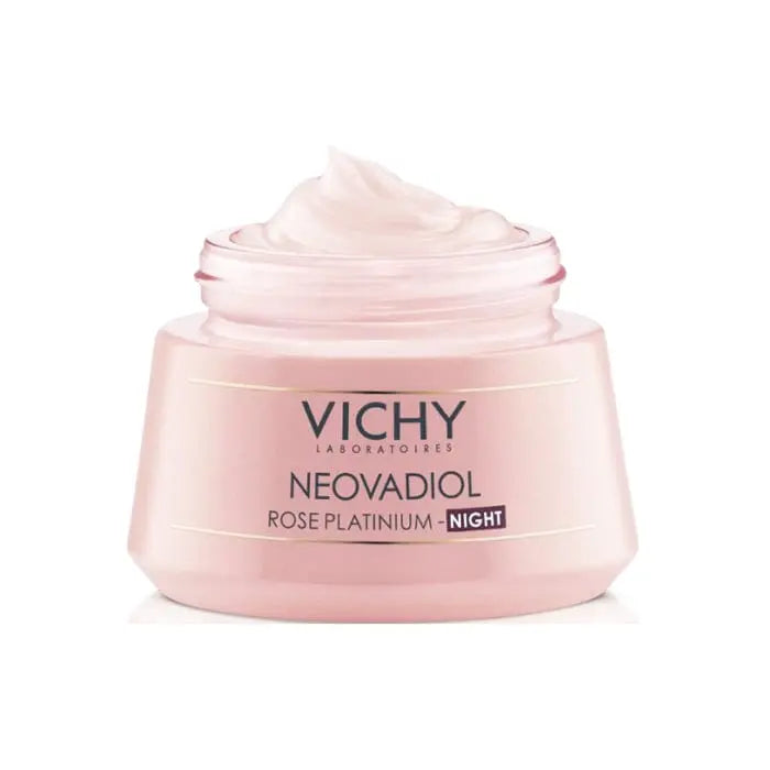 Vichy Neovadiol Rose Platinium Night Cream in 50ml jar, featuring luxurious pink packaging, for mature skin renewal and hydration.
