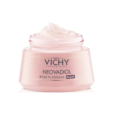 Vichy Neovadiol Rose Platinium Night Cream 50ml in a jar, featuring a luxurious pink and silver packaging for revitalizing skin.