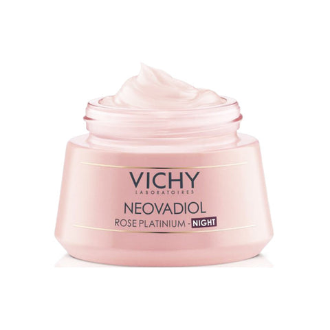 Vichy Neovadiol Rose Platinum Night Cream 50ml in a jar, with a floral and luxurious design, suitable for mature skin.