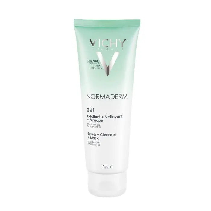 Vichy Normaderm 3-in-1 cleanser in 125ml bottle, designed for acne-prone skin, by Jag Couture London New York.