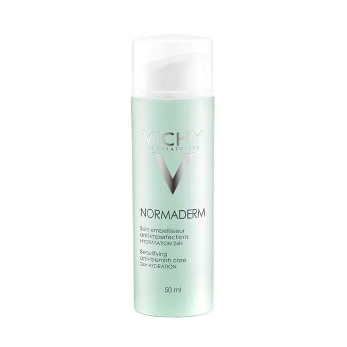 Vichy Normaderm Anti-Blemish Care 50ml bottle, skincare product for blemish-prone skin, displayed with brand branding in the background.
