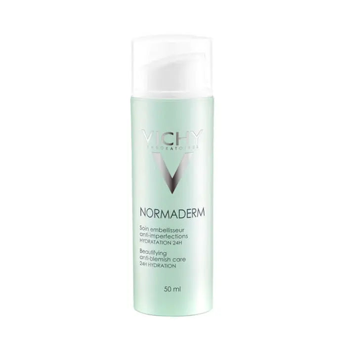 Vichy Normaderm Anti-Blemish Care 50ml bottle with pump, designed for acne-prone skin, displayed on a clean surface.