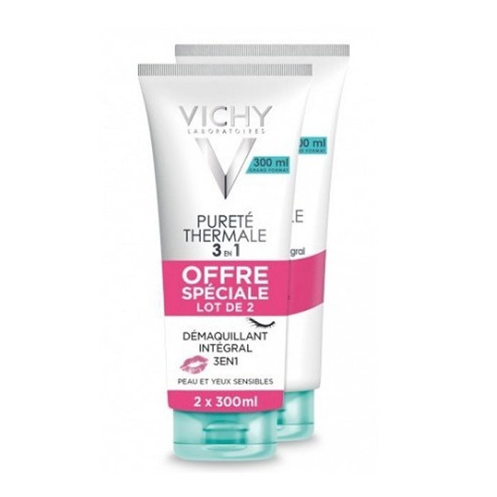 Vichy Pureté Thermale 3-in-1 makeup remover for sensitive skin in two 300ml bottles, suitable for gentle cleansing and makeup removal.