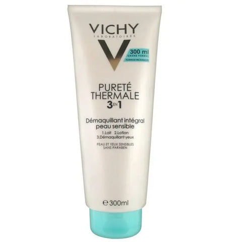 Vichy Pureté Thermale 3-in-1 makeup remover for sensitive skin in a 300ml bottle, shown with the product label.