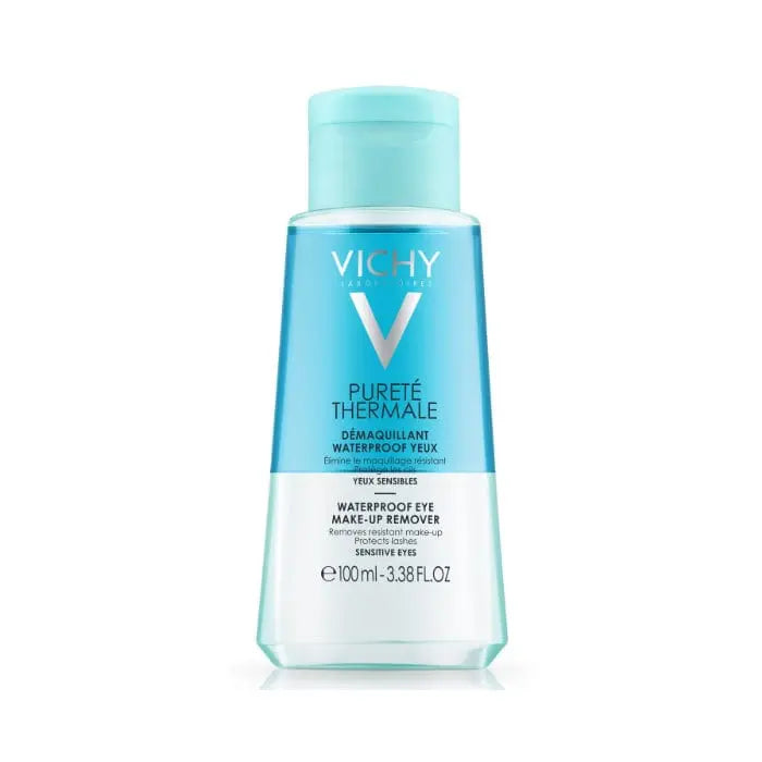 Vichy Purete Thermale waterproof eye makeup remover in a 100ml bottle, suitable for gentle, effective eye makeup removal.