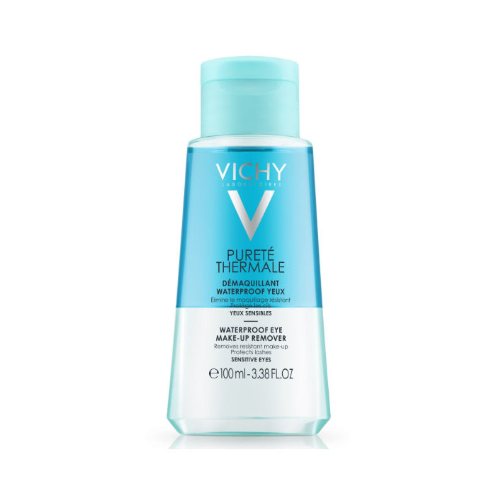 Vichy Purete Thermale waterproof eye makeup remover in a 100ml bottle with a clean, clear packaging design.
