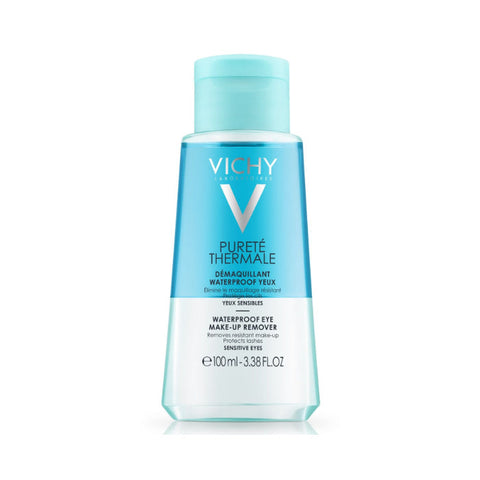 Vichy Purete Thermale waterproof eye makeup remover in a 100ml bottle with a clean, clear packaging design.