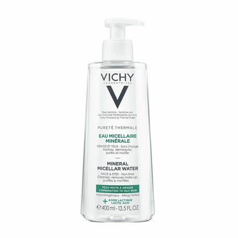 Vichy Purete Thermale Micellar Water for mixed and oily skin in a 400ml bottle, displayed by Jag Couture London - New York.