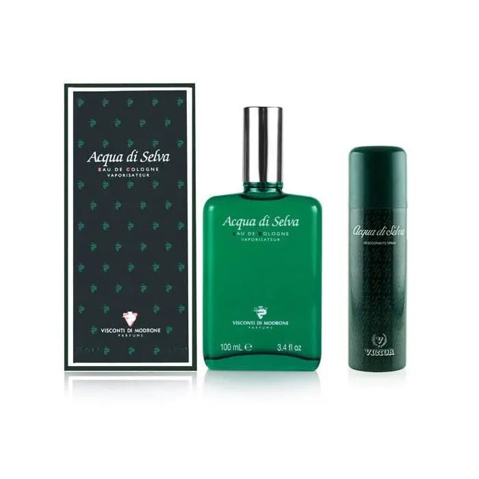 Set of two Victor Acqua Di Selva Eau De Cologne sprays, 100ml each, by Jag Couture London New York, displayed side by side.
