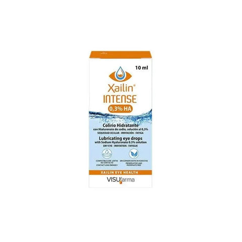 Visufarma Xailin Intense 0.3% eye drops in 10ml bottle, used for eye hydration and relief, by Jag Couture London New York.
