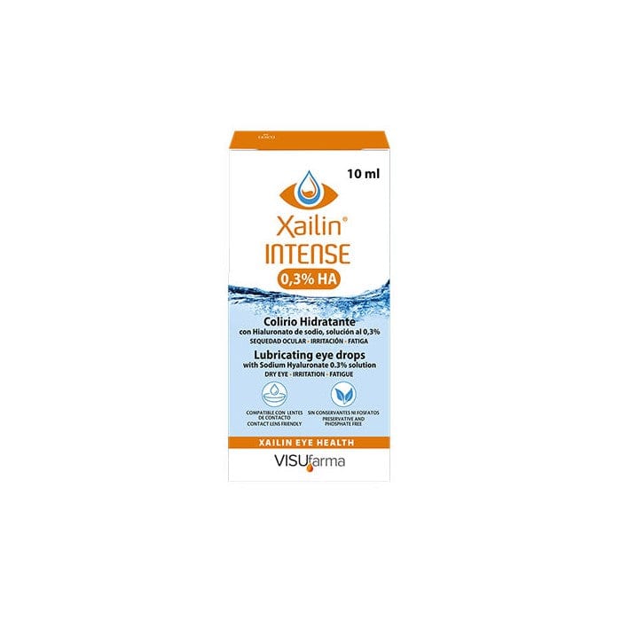 Visufarma Xailin Intense 0.3% eye drops in a 10ml bottle, used for eye hydration and relief from dryness.