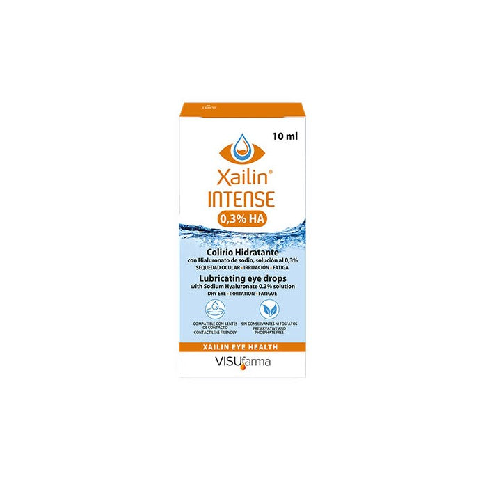 Visufarma Xailin Intense 0.3% eye drops in a 10ml bottle, used for eye hydration and relief.