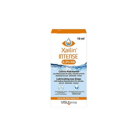 Visufarma Xailin Intense 0.3% eye drops in a 10ml bottle, used for eye hydration and relief.