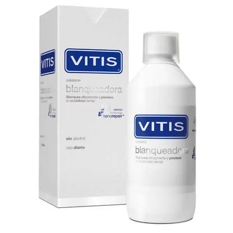 Vitis whitening mouthwash 500ml bottle by Jag Couture London New York, featuring clear liquid and label with brand name.
