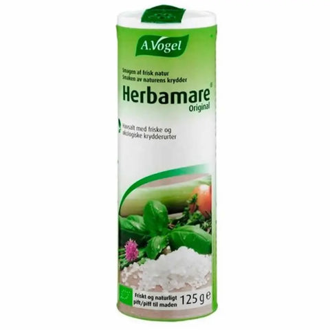 Vogel Herbamare Original salt and herb seasoning in 125g jar, by Jag Couture London New York, close-up of label and jar.