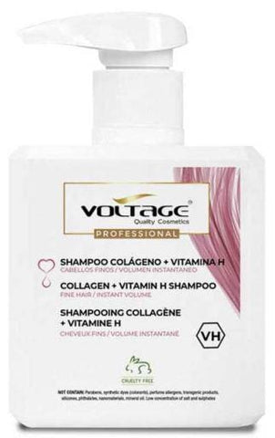 Voltage Cosmetics Collagen Vitamin H Shampoo by Jag Couture London New York, 500ml bottle with clear label and pump dispenser.
