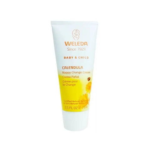 Weleda Calendula Nappy Change Cream in a 75ml tube, designed for gentle diaper rash relief, featuring natural ingredients.