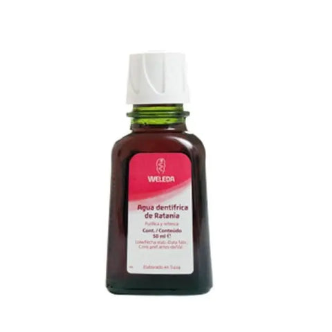 Weleda Ratanhia Mouthwash 50ml bottle with label, featuring natural ingredients and a clean, simple design.
