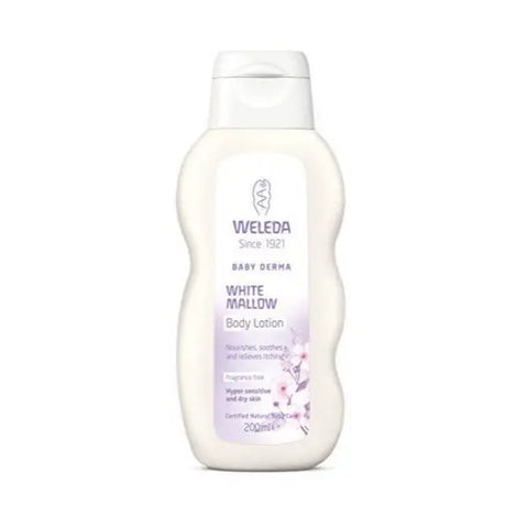 Weleda White Mallow Body Lotion 200ml bottle with white and green packaging, featuring soft white Mallow flower imagery.