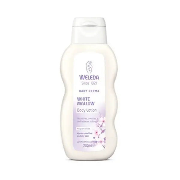 Weleda White Mallow Body Lotion in a 200ml bottle, featuring soft white mallow flowers on the packaging.