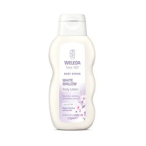 Weleda White Mallow Body Lotion in a 200ml bottle, featuring soft white mallow flowers on the packaging.