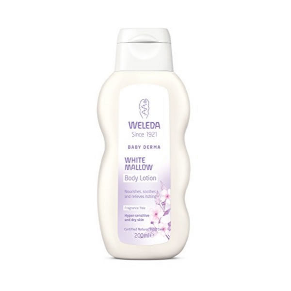 Weleda White Mallow Body Lotion 200ml bottle with white label and pump dispenser, displayed on a neutral background.