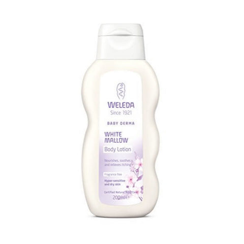 Weleda White Mallow Body Lotion 200ml bottle with white label and pump dispenser, displayed on a neutral background.
