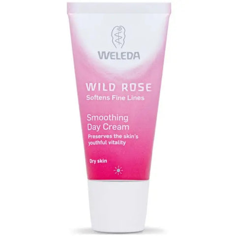 Weleda Wild Rose Smoothing Day Cream in a 30ml jar, featuring a pink lid and elegant packaging from Jag Couture London New York.